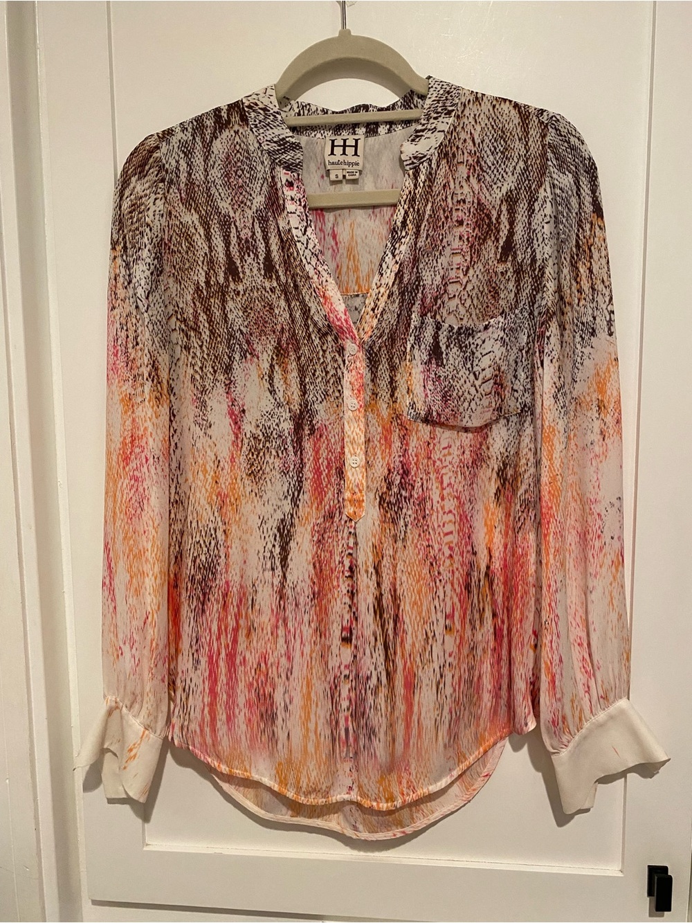 Haute Hippie Multicolor Printed Long-Sleeve V-Neck Blouse